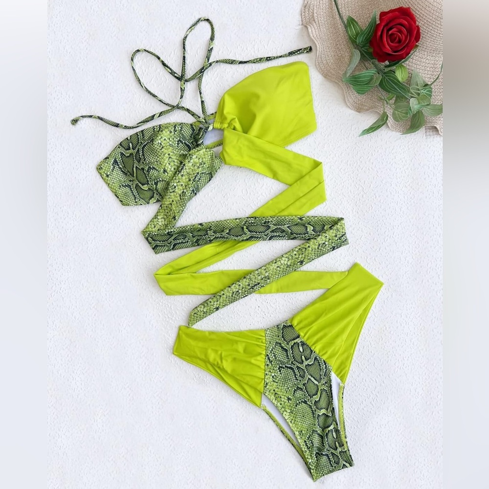 Snakeskin Print Cut Out Crisscross Halter Bikini Swimsuit